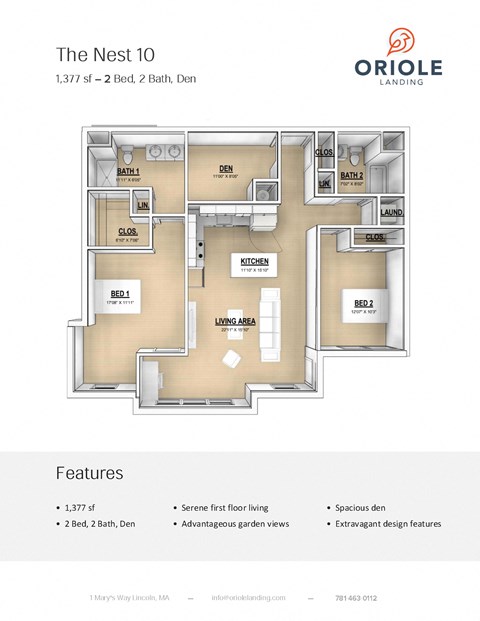 2 bedroom 2 bathroom floor plan I at Oriole Landing, Lincoln, Massachusetts
